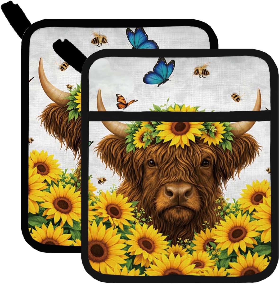 2 Stuks Hittebestendige Pannenlappen van Katoen voor Keuken - Hoogland Koe en Zonnebloemen Patroon - Ideaal voor Koken en Bakken, 7.9 x 9.5 inch