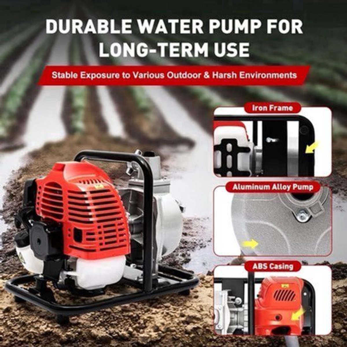 Benzine Wateroverdrachtpomp - Waterpomp - Vijverpomp - Pomp - Tuinpomp - 1-Inch - 2-Takt 1.7PK Motor, 6500RPM, Luchtgekoeld & Hoge Druk