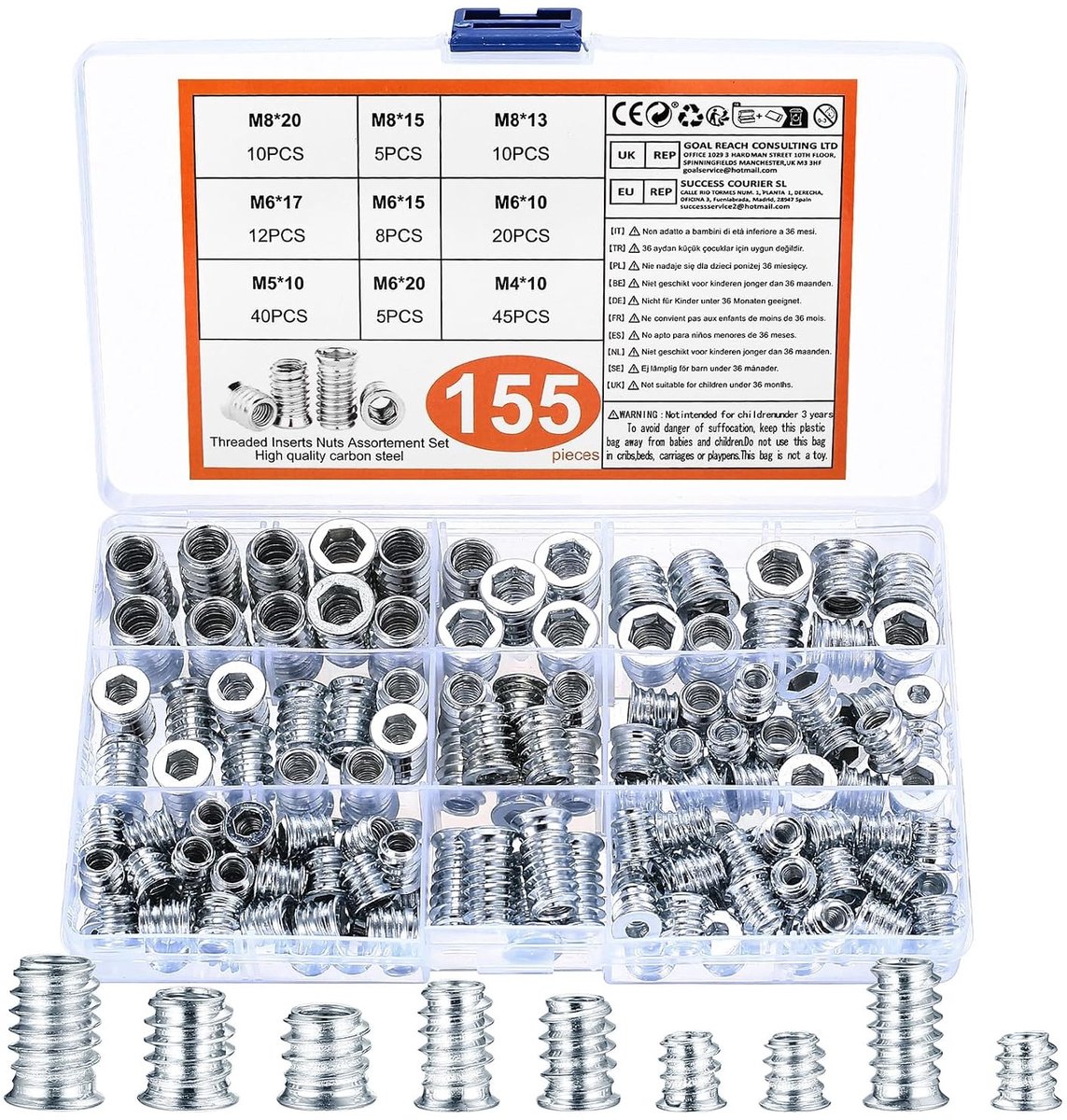 Complete Set van 155 Draadmoeren en Houtinvoeren voor M4/M5/M6/M8 Schroeven, Ideaal voor Houten Meubels en Klussen in Huis