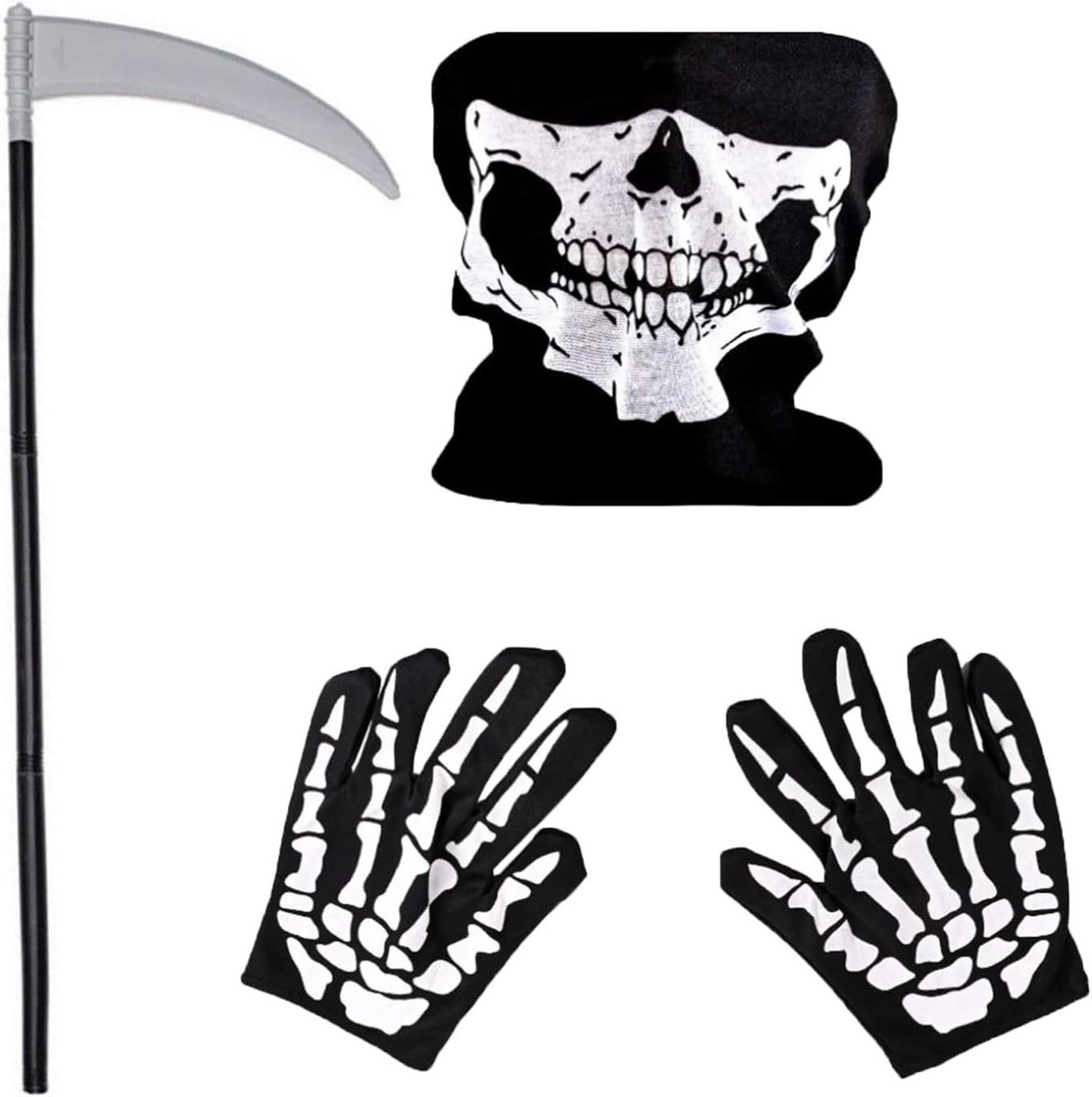 3-delige Skelet Kostuum Accessoires Set met Handschoenen, Schedel Masker en Plastic Zeis voor Halloween Cosplay en Feestjes, One Size, Zwart