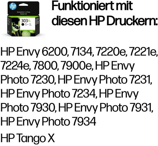 HP 303XL zwarte inktcartridge met "Funktioniert mit diesen HP Druckern:" tekst.