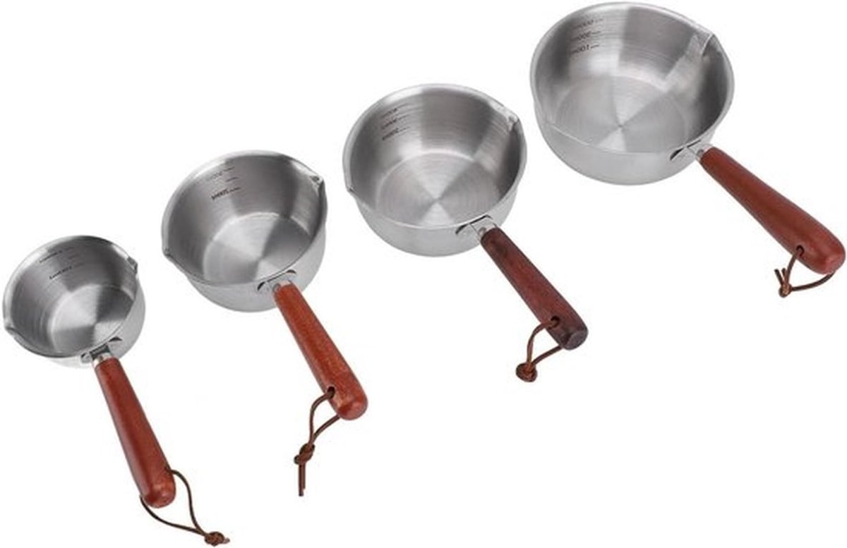 RVS Melkpan met houten handvat - 4-delige set voor melkverwarming en sausbereiding, geschikt voor elektrische en inductiekookplaten