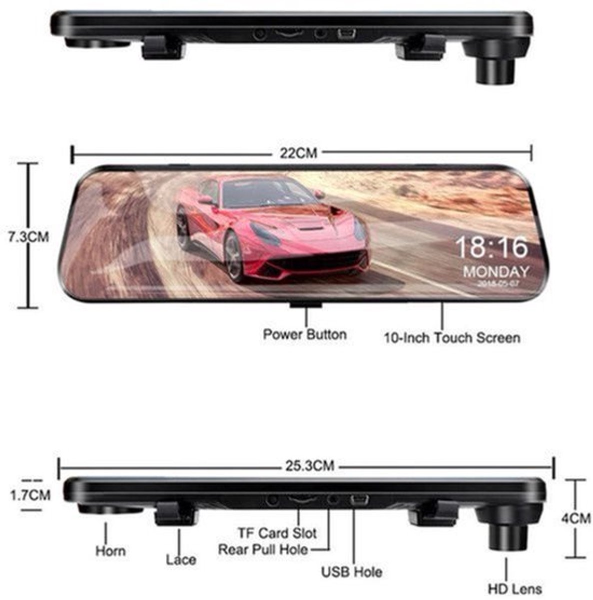 Dashcam voor Auto - 10 Inch Touchscreen Spiegelcamera - 1080P AHD Dashcam met Nachtzicht - G-Sensor - Parkeermodus - Groothoek 170° - Inclusief 6M RCC Achteruitrijcamera - Zwart
