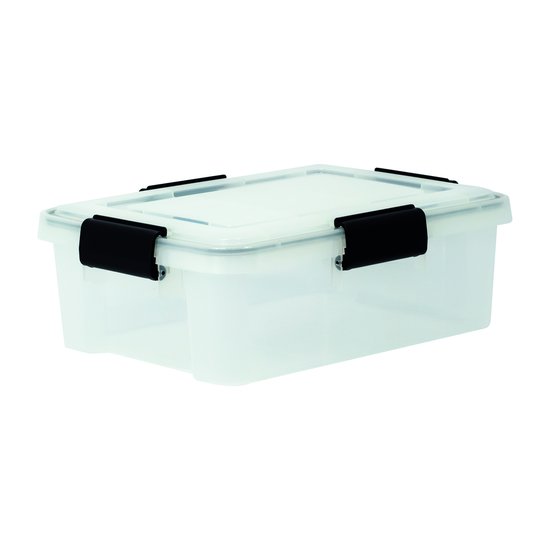 Transparante luchtdichte opbergbox van 10L met zwarte sluitclips.
