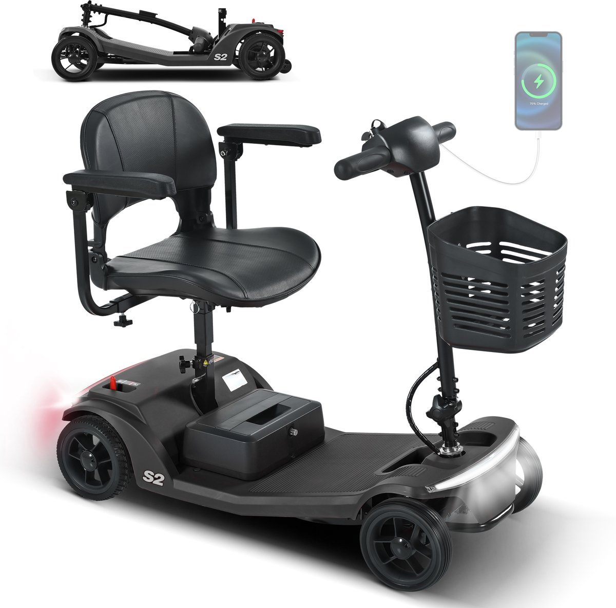 Scootmobiel 4-Wiel - Elektrische Scootmobiel Voor Senioren - 6 km/u - 15 km Actieradius - Uitneembare 12 Ah Accu - USB - 136 kg - Zwart