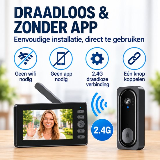 Draadloze Video deurbel met Camera- 4,5 Inch scherm - 135° Groothoek - Nachtzicht - Zonder WIFI/APP — afbeelding 5