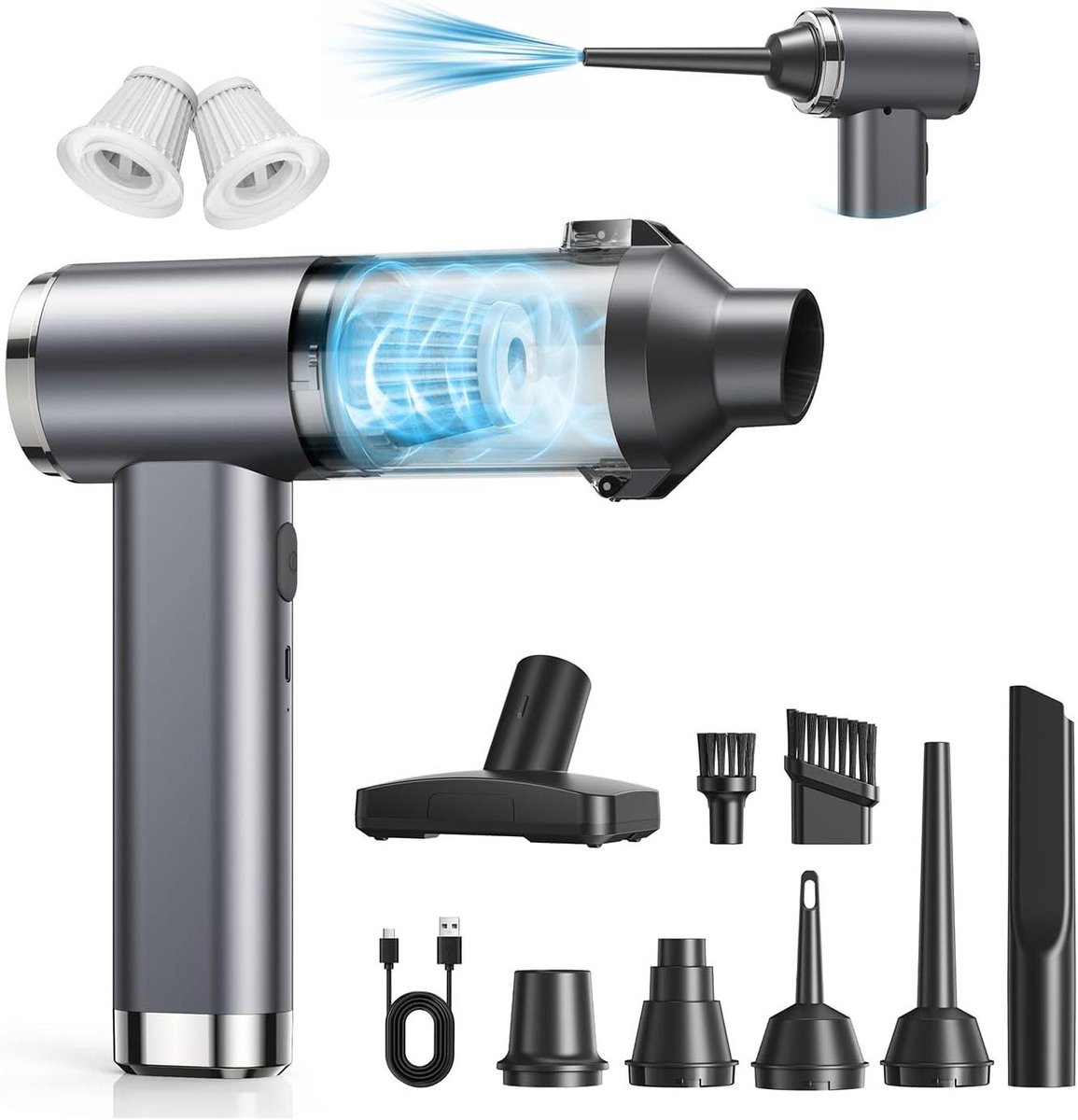 Handstofzuiger - Draagbare Bladblazer - Auto en Huis - 4-in-1 Functies - 25000 Pa - Grijs