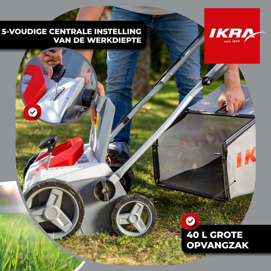 IKRA elektrische verticuteermachine en gazonbeluchter IEVL 1838, 1.800 W, werkt over een breedte van 38 cm, incl. rollen en opvangzak — afbeelding 2