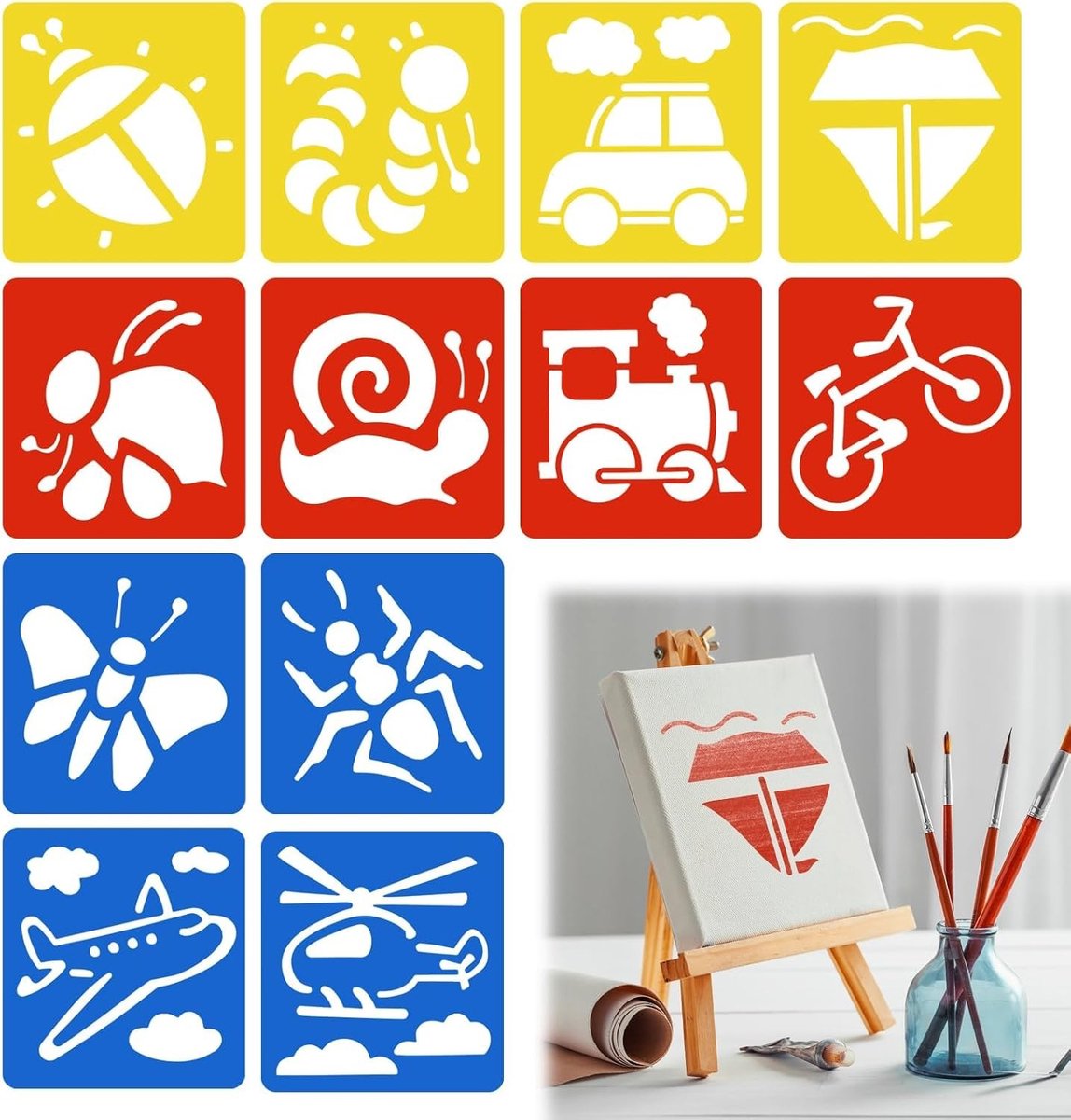 Set van 12 herbruikbare sjablonen voor kinderen, met dieren- en vervoersmotieven, ideaal voor leren, knutselen en creatief schilderen, veilig en duurzaam