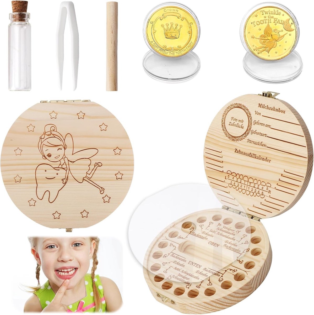 Houten Tandendoos Set voor Jongens en Meisjes, Tanddoos met Opbergruimte voor Haarspelden en Herinneringen