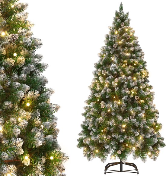 Kunstkerstboom 240 cm met LED Verlichting - Brandvertragend PVC - met Sneeuw en Dennenappels - Metalen Voet - Kerstdecoratie voor Huis en Etalage - NAIZY