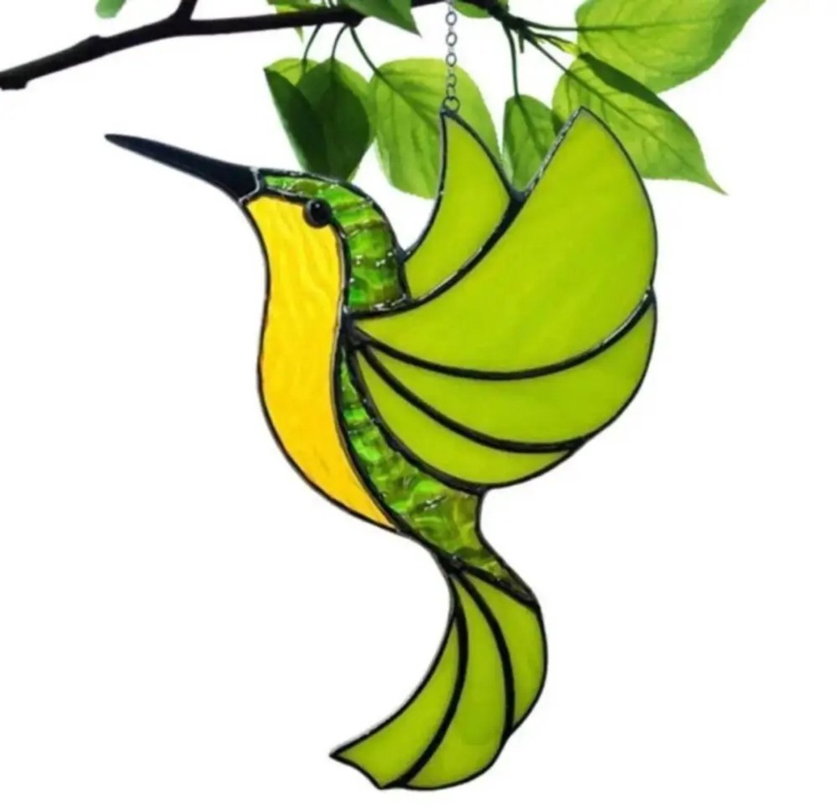 Suncatcher Kolibrie Groen & Geel - Acryl Raamdecoratie Hanger - Glas-in-lood Stijl - 8 cm - Zonnevanger & Kersthanger
