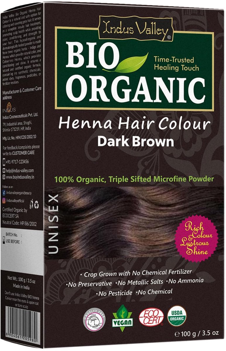 Indus Valley BIO ORGANIC HENNA Medium Bruin / Brown 100% Natuurlijke Haarverf Zonder Ammoniak, Ammonia, PPD, PTD, Peroxide, Waterstofperoxide etc. met o.a. ECOCERT 100g