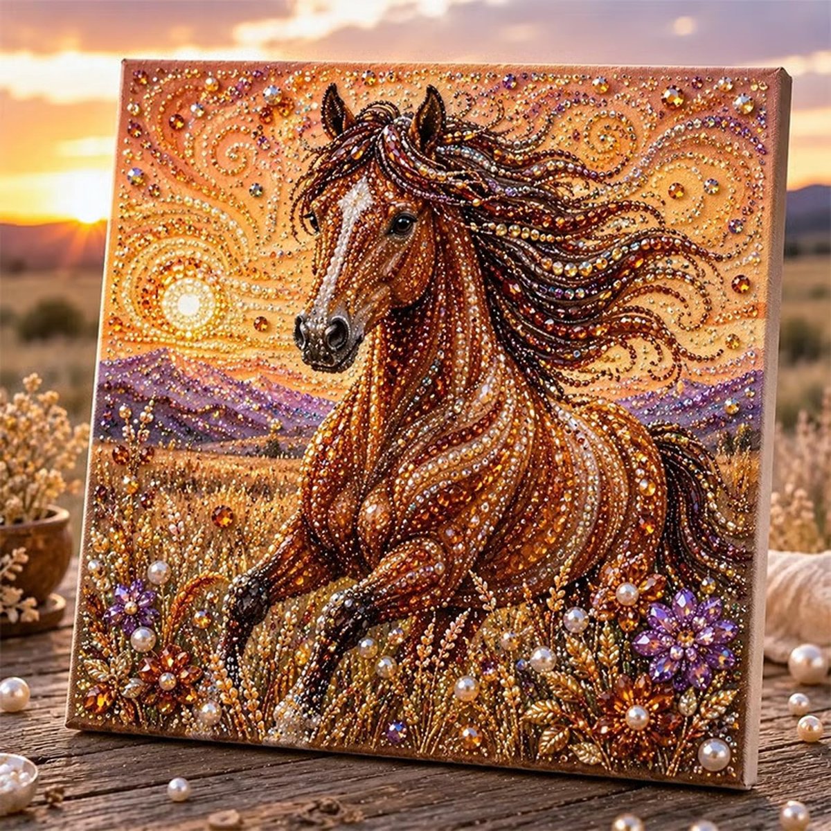 Casalora® Dieren Parel Diamond Painting – DIY 3D Paard Kunstwerk – Voorgespannen Canvas – Sprankelende Parelschildering – Creatieve Hobby voor Volwassenen – Dierendecoratie – 20 × 20 cm