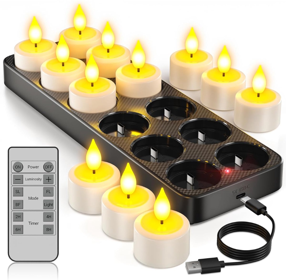 DYVNS® Oplaadbare Kaarsen - Theelichtjes - Waxinelichtjes - Kerstverlichting - Met Afstandsbediening en Timer - 12 Stuks