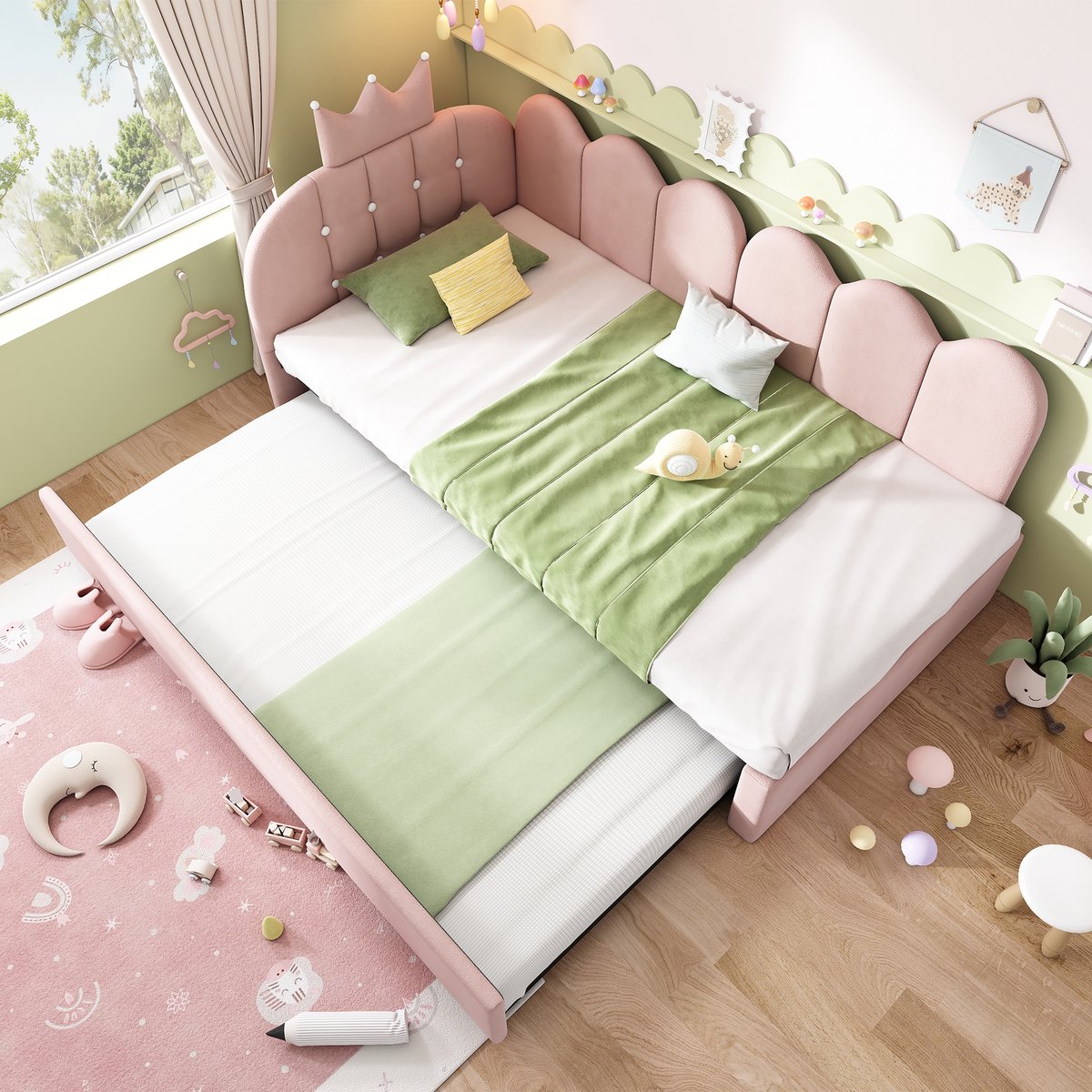Lemlit Kinderbed 90x200 cm - Sofa Bed met Uitschuifbed, Kinderbank Bed en Dagbed met Kronen Gitterdesign, Fluwelen Bedframe met Extra Slaapplaats voor Kinderkamer Gastenkamer - Roze