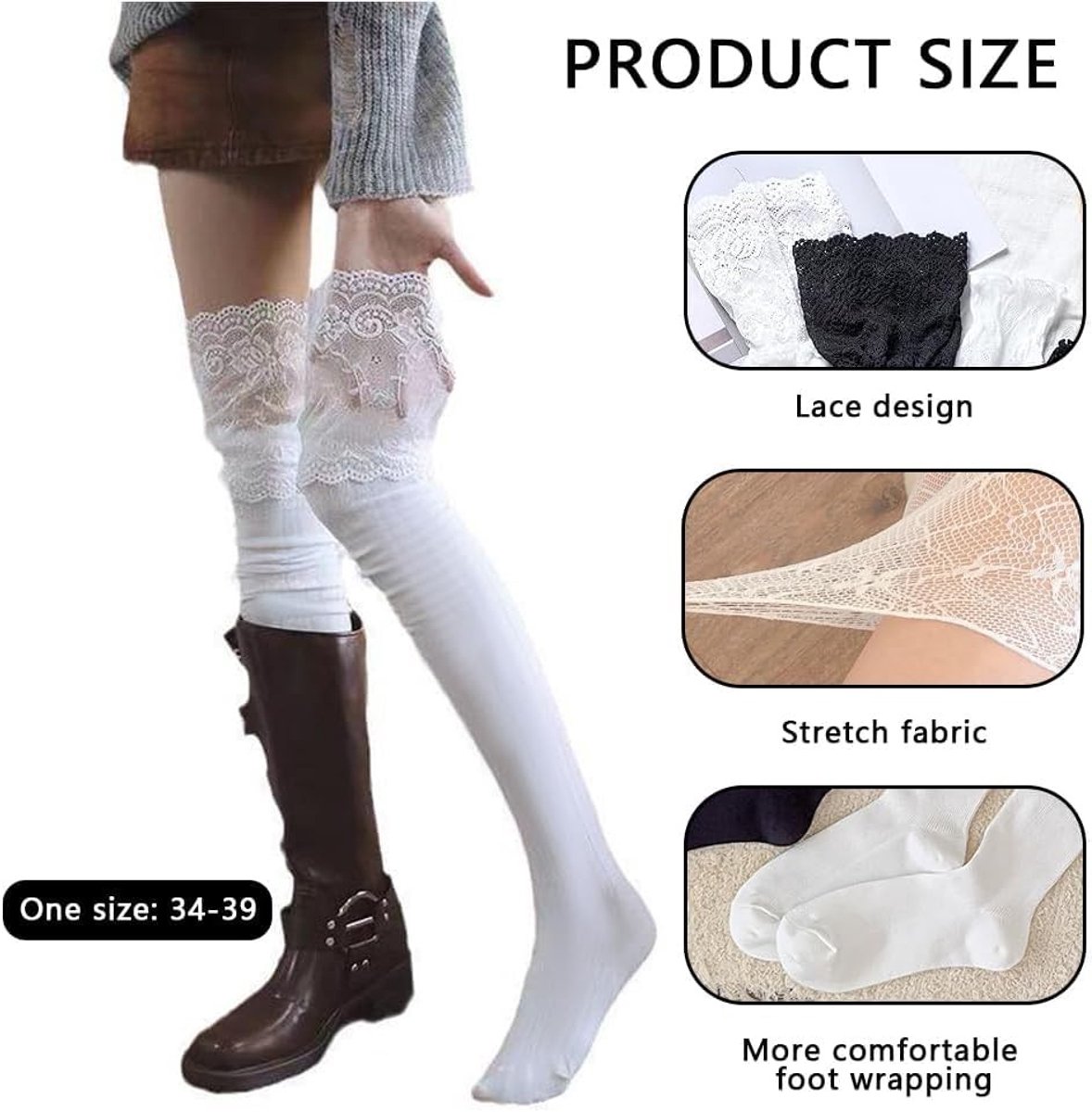 4 Paar Overknee Kousen met Kanten Boord voor Dames - Hoge Stay Up Sokken voor Feest, Cosplay en Dagelijks Gebruik