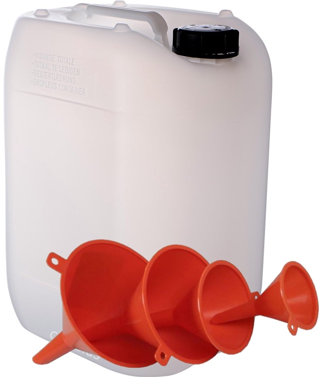 Jerrycan 20 Liter | met 4-delige trechterset | geschikt voor water | UN gekeurd | benzine | handig stapelbaar | food grade | inclusief dop | totaal te legen | noodpakket