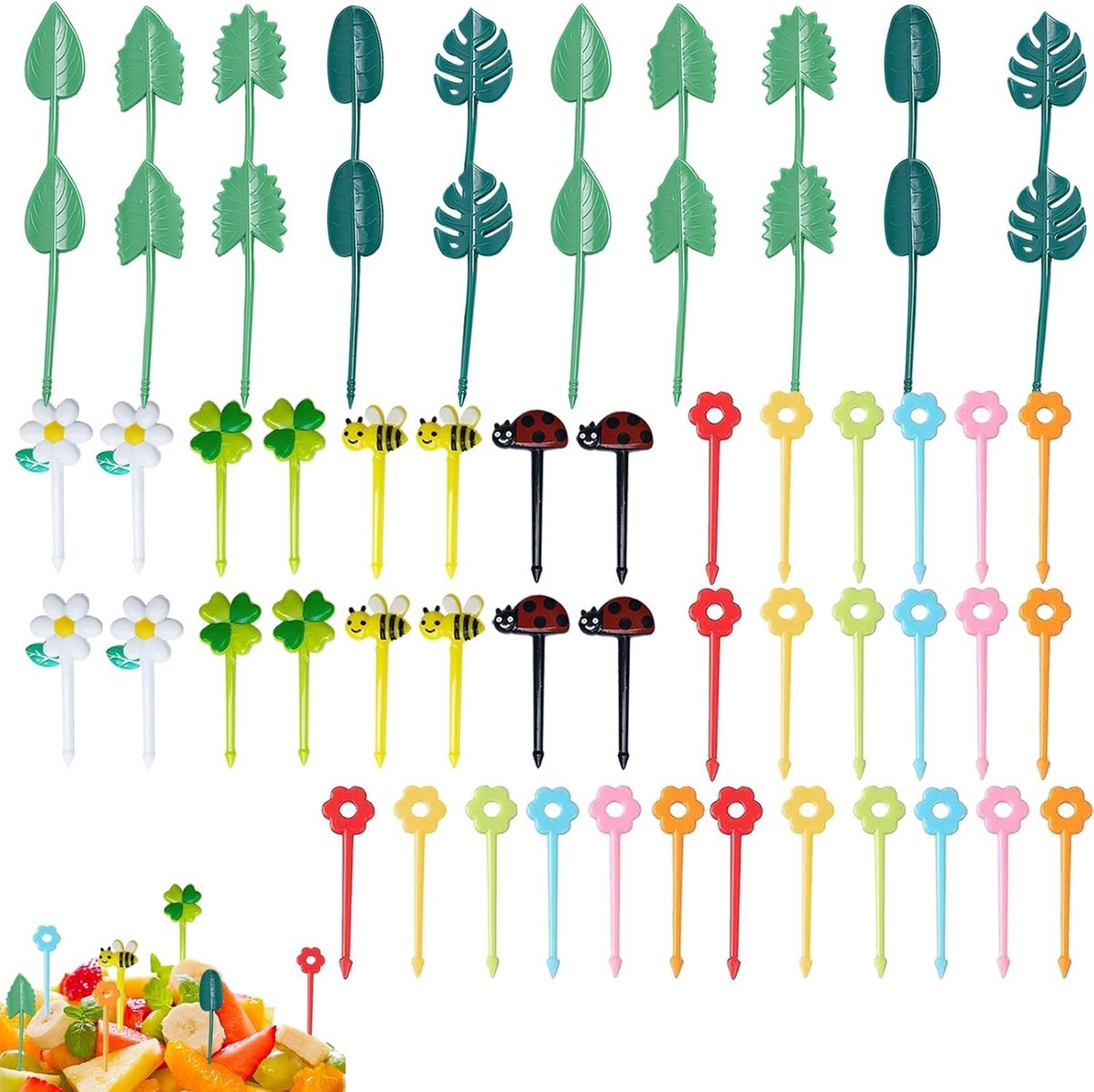 Mini Fruit Vorken in Cartoonvorm - 60 Stuks Herbruikbare Tandenstokers voor Kinderen, Ideaal voor Lunch en Verjaardagsfeestjes