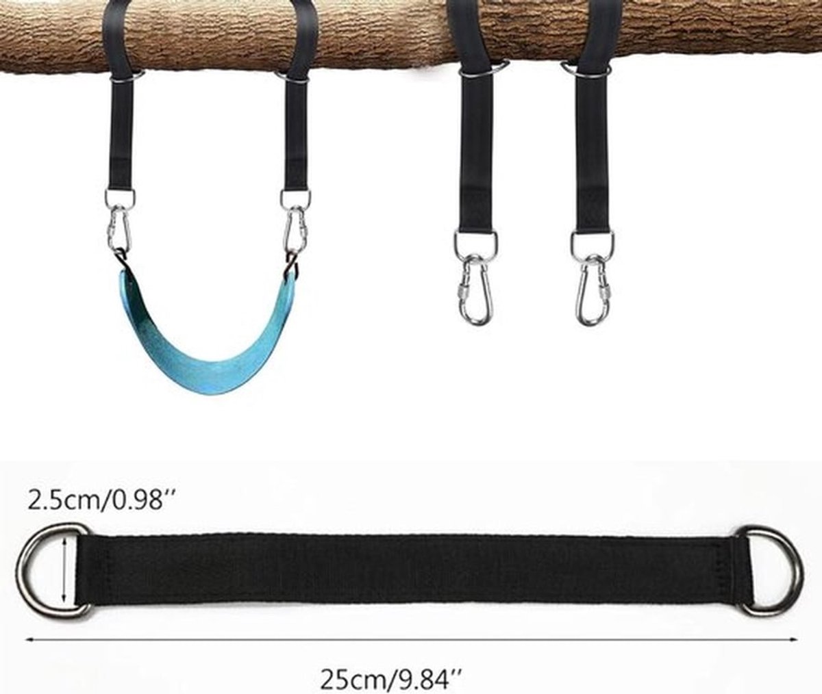 Schommelhangkit voor hangmat en schommel - Nylon ophangriem met karabijnhaken en D-ringen - Set van 2 - Zwart - Ophanging voor hangmatten