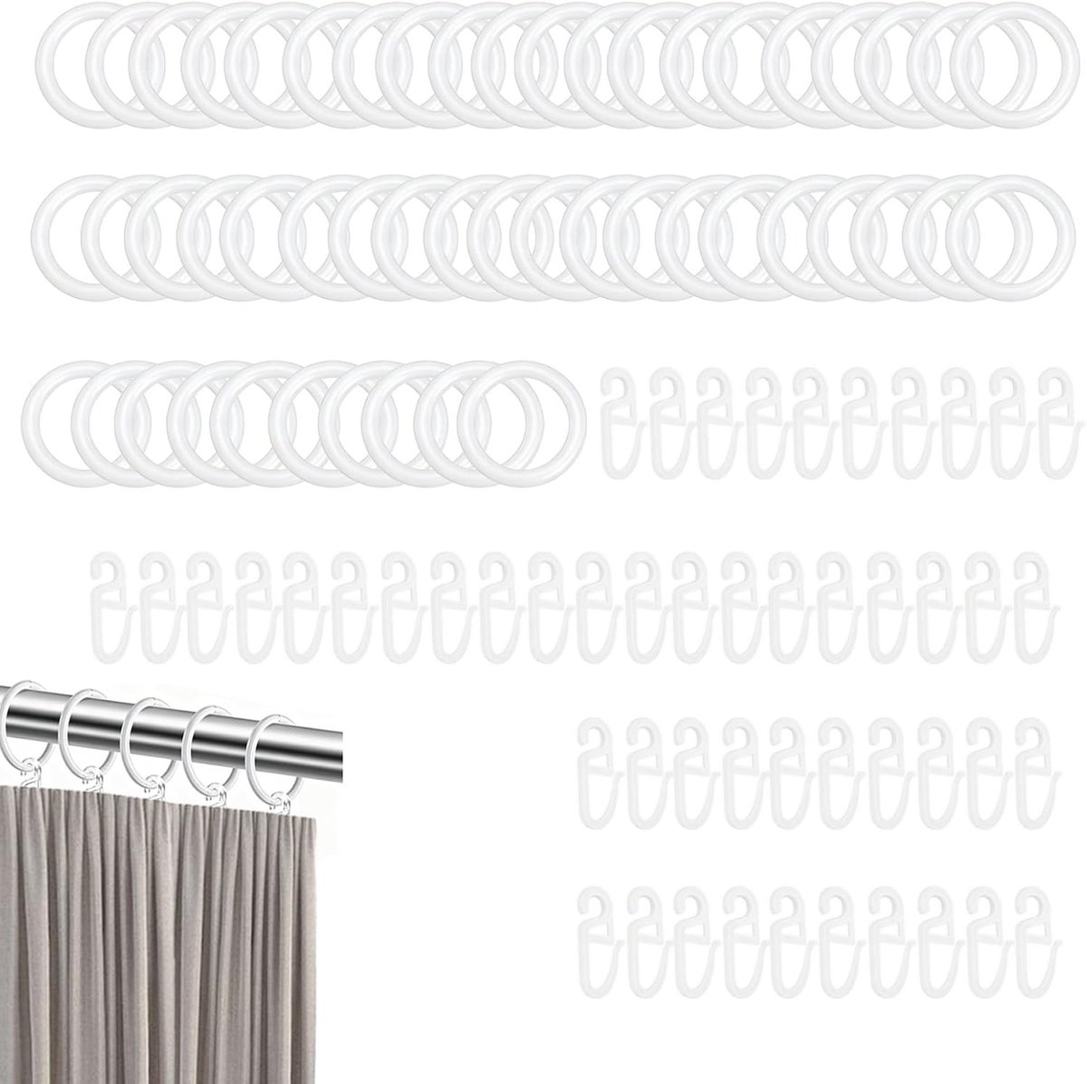 Witte gordijnringen met haken - 50 stuks, 30 mm - Perfect voor gordijnen, raambekleding en interieurdecoratie