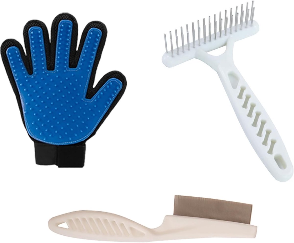 4-delige set voor het verwijderen van dierenhaar - 2 blauwe haarverwijderhandschoenen + 1 witte dubbele kam + 1 anti-vlooienkam voor honden en katten, ideaal voor vachtverzorging en massage