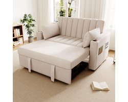 Moderne Multifunctionele Bank, Slaapbank, Tweezits Bank, 2-Zits Bank, Slaapbank Met Slaapfunctie, Dubbele Bank Met Verstelbare Rugleuning, Met Bekerhouder En Kussens, Geschikt Voor Woonkamer, Beige