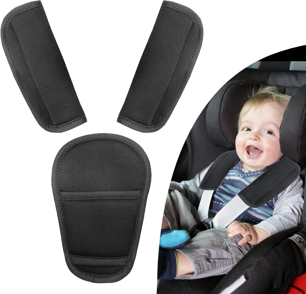 Autogordelbeschermingskussen, 3-delig verwijderbaar gordelkussen, gordelbeschermer voor kinderwagen voor volwassenen en kinderen, beschermt nek en schouders