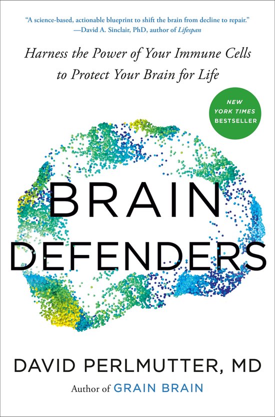 Couverture de livre 'Brain Defenders'. Titre 'Brain Defenders' entouré d'un cercle de points colorés. Bestseller du New York Times.