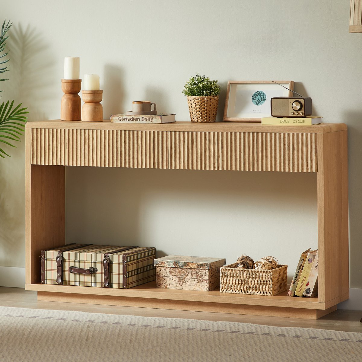 Wishdor Consoletafel - 2 lades en open vak - Modern geribbeld front - Voor hal en woonkamer - Spaanplaat en MDF - Naturel - 150 x 35 x 85 cm