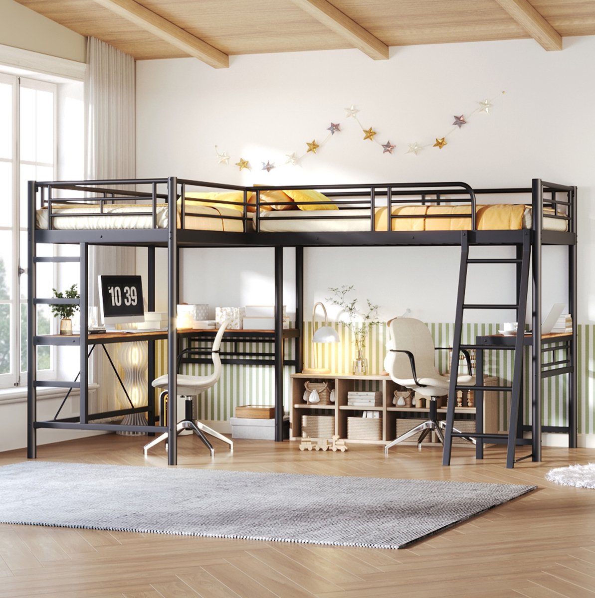 REDOM - Hoogslaper - Met bureau onder het bed - Met trap en hoge uitvalbeveiliging - Metaal en MDF - Kinderkamer - Zwart - 298 x 206 x 170 cm