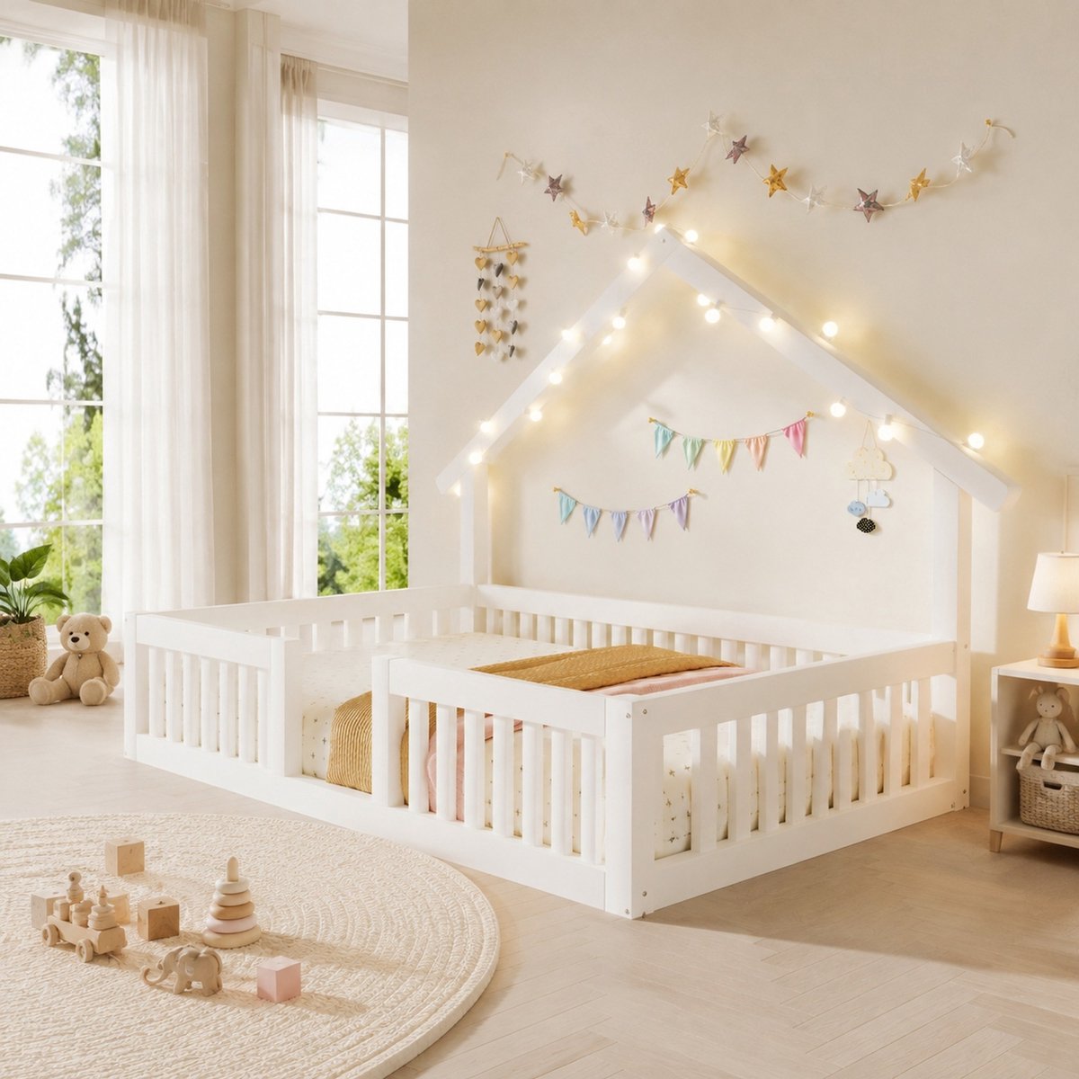 STILVORA Huisbed 90x200 cm – Kinderbed Met Veiligheidshekje En LED-lichtslinger – Bodembed Voor De Kinderkamer – Hout MDF – Wit Zonder Matras