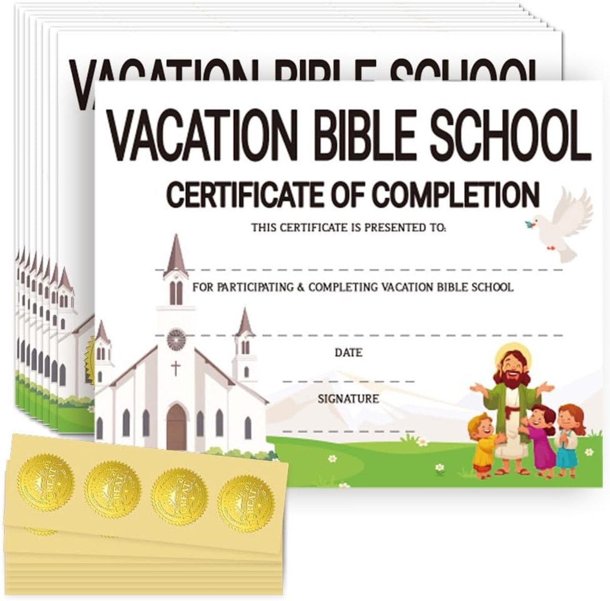 30 Stuks Certificaat van Voltooiing voor Vakantie Bijbelschool met Gouden Stickers en Achtergrondpapier voor Deelnemers