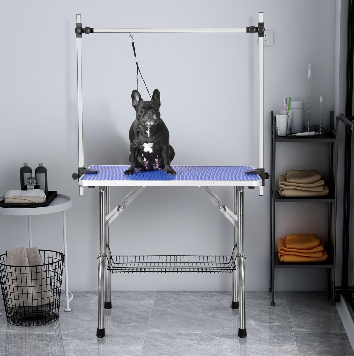 MODFU-Inklapbare Hondentrimtafel-Verstelbare Arm-Opbergmand-Blauw