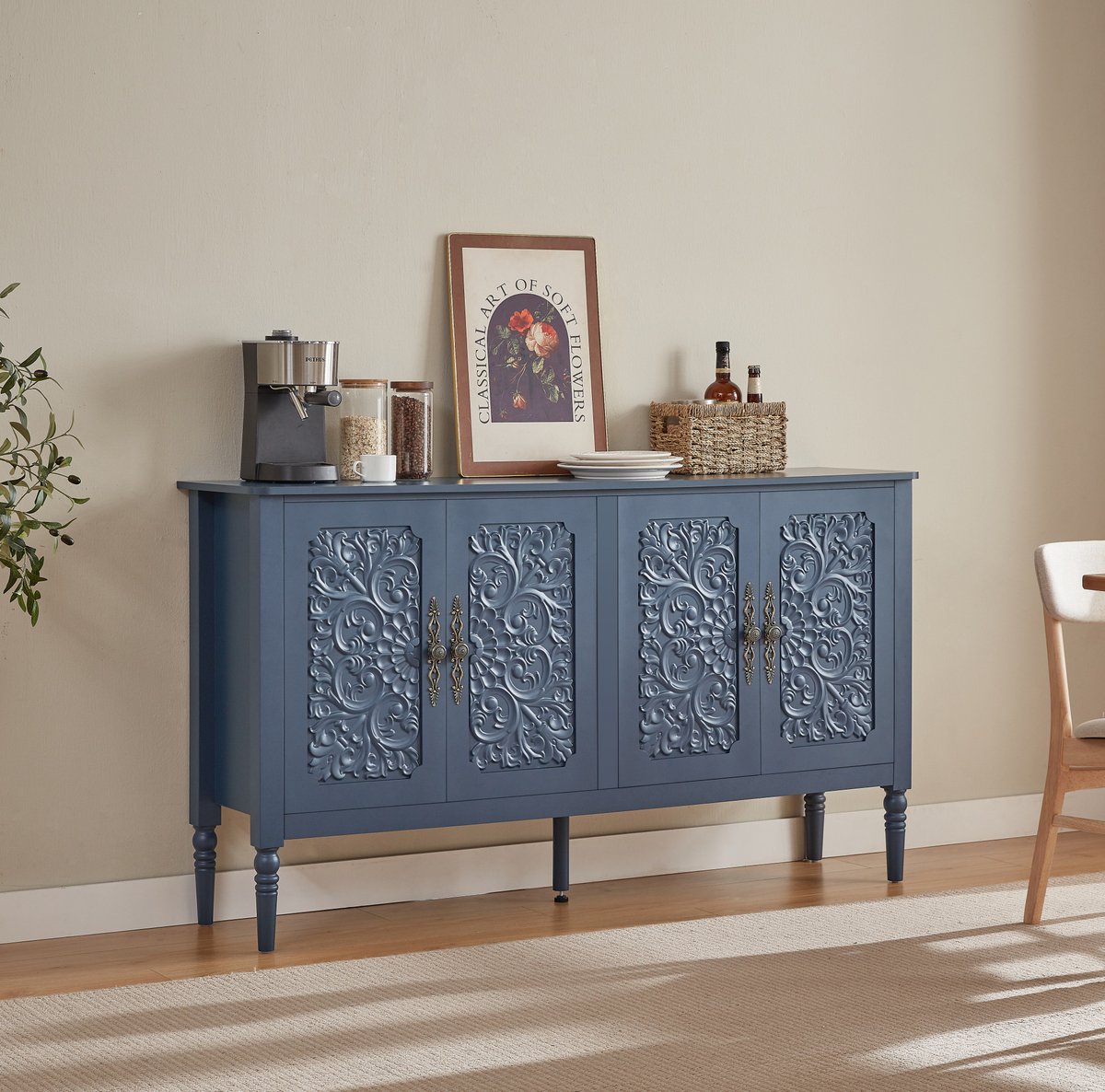 MIVRAY Dressoir Retro Met Reliëfdeuren En Grote Opbergruimte Voor Woonkamer Eetkamer En Hal Van Spaanplaat MDF En Metaal 160x40x89 Cm
