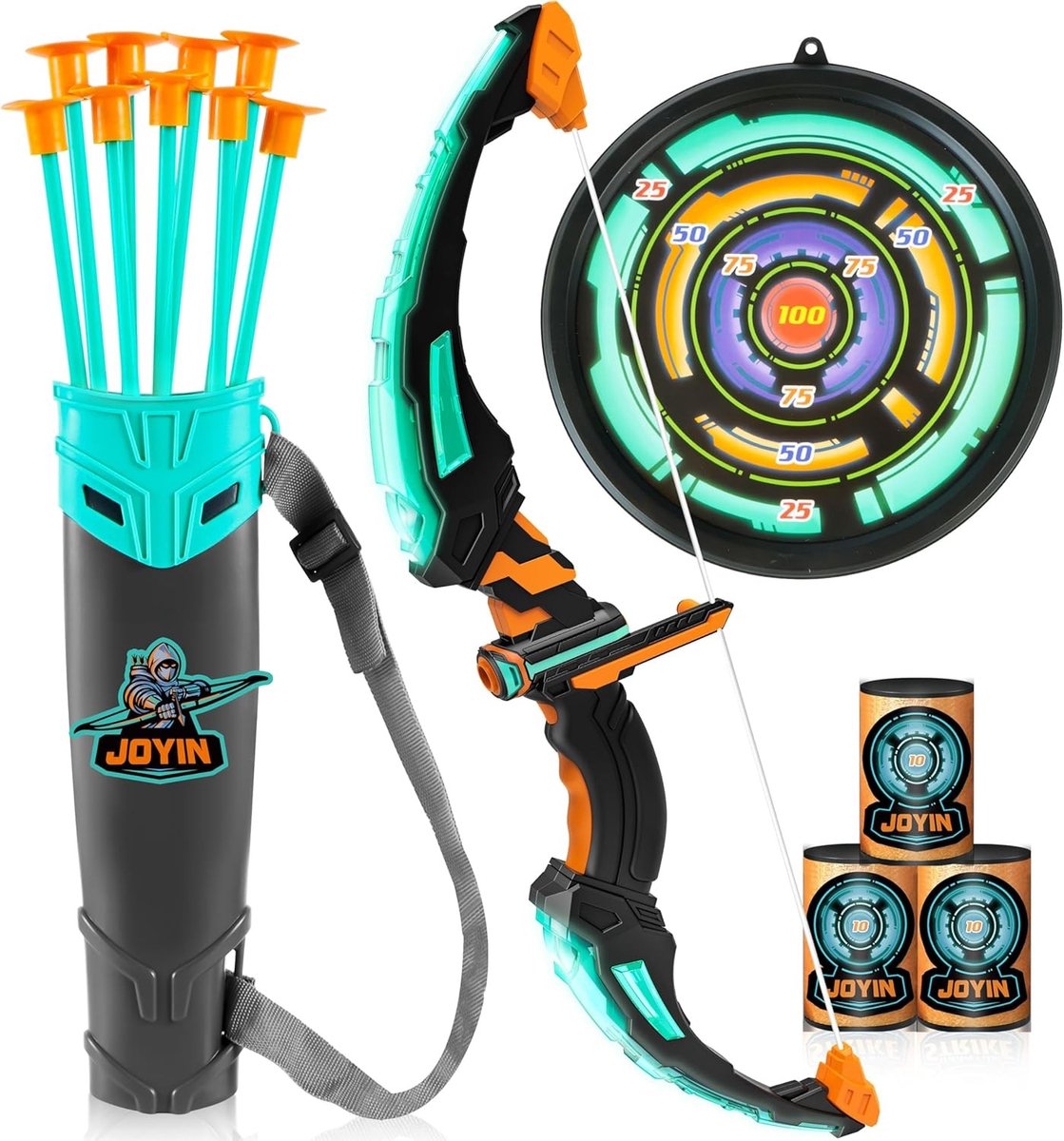 Boog en Pijl Set voor Kinderen vanaf 6 Jaar - Verlichte Boogschietset met Zuignapdoelen en Koffer, Geschikt voor Binnen en Buiten Activiteiten voor Jongens