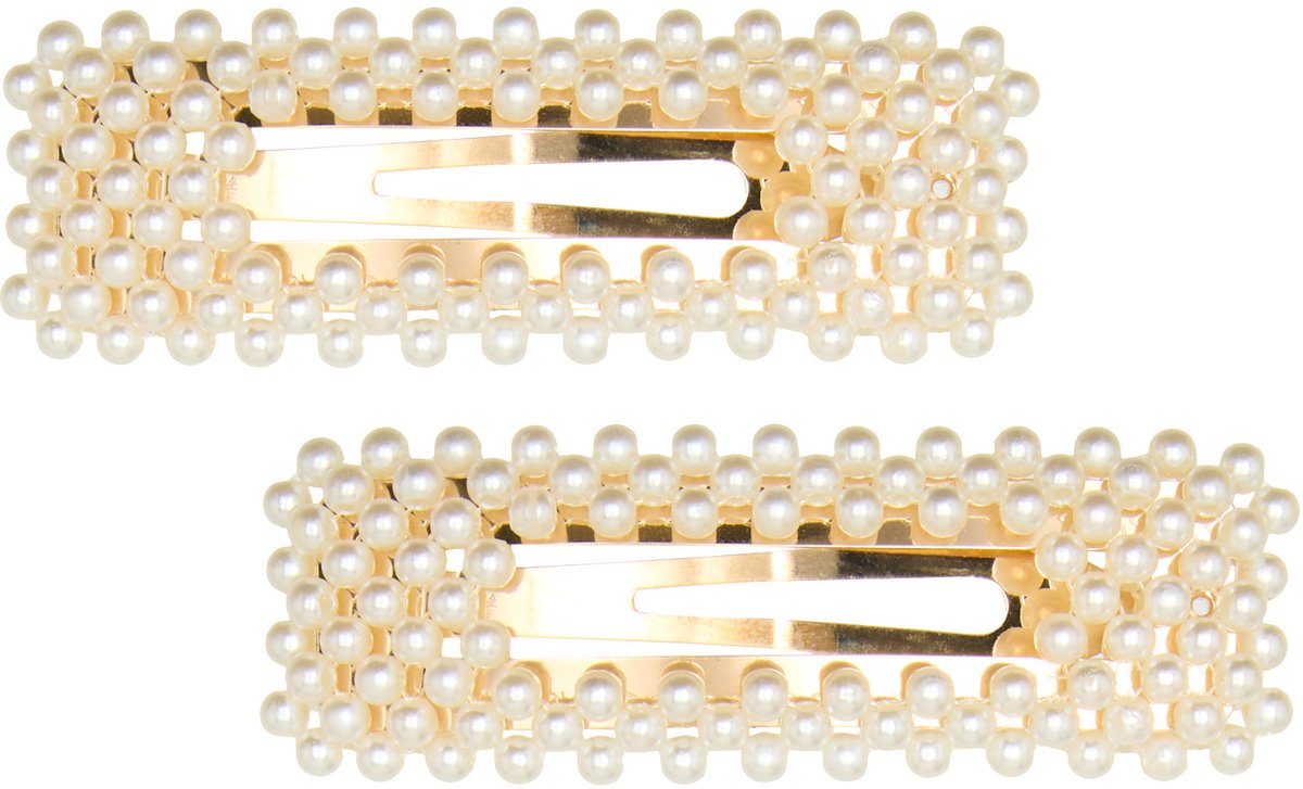 Zenner - 2 clicclacs - click clack haarspelden met pareltjes - parels - parelmoer ivoor kleur - 6 cm - rechthoek