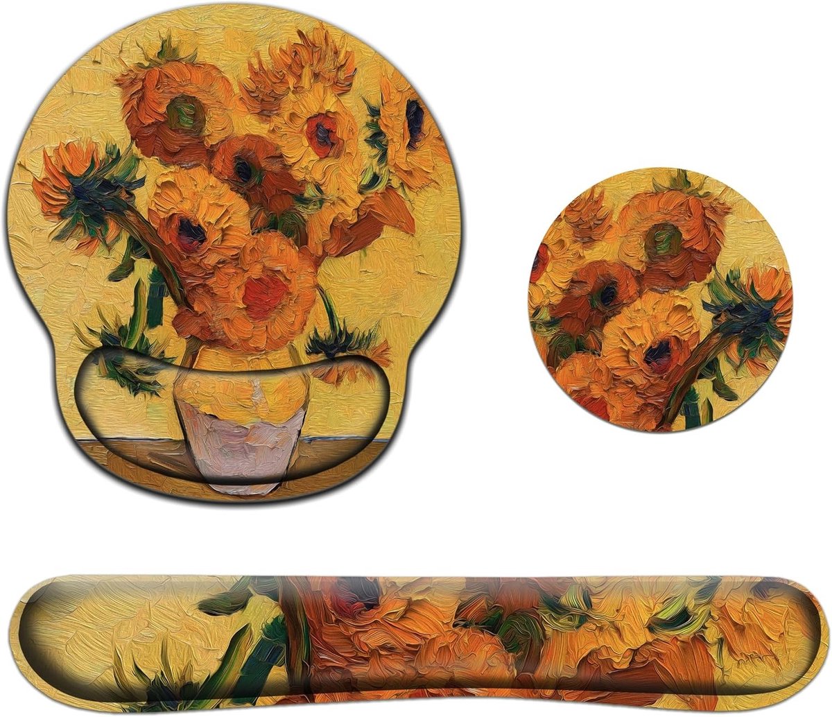 Ergonomische 3-in-1 muismatset met polssteun en zonnebloem kunstmotief, bureauaccessoires voor comfortabel thuiskantoor en optimale werkhouding