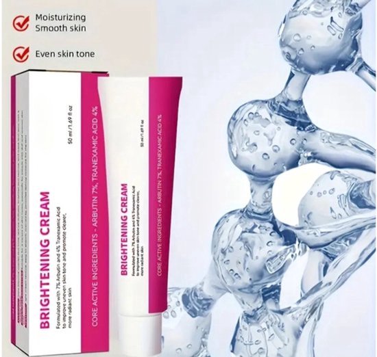 Tube en doosje "BRIGHTENING CREAM" met fuchsia accenten. Links: 'Moisturizing Smooth skin' & 'Even skin tone'. Rechts: moleculaire structuur.