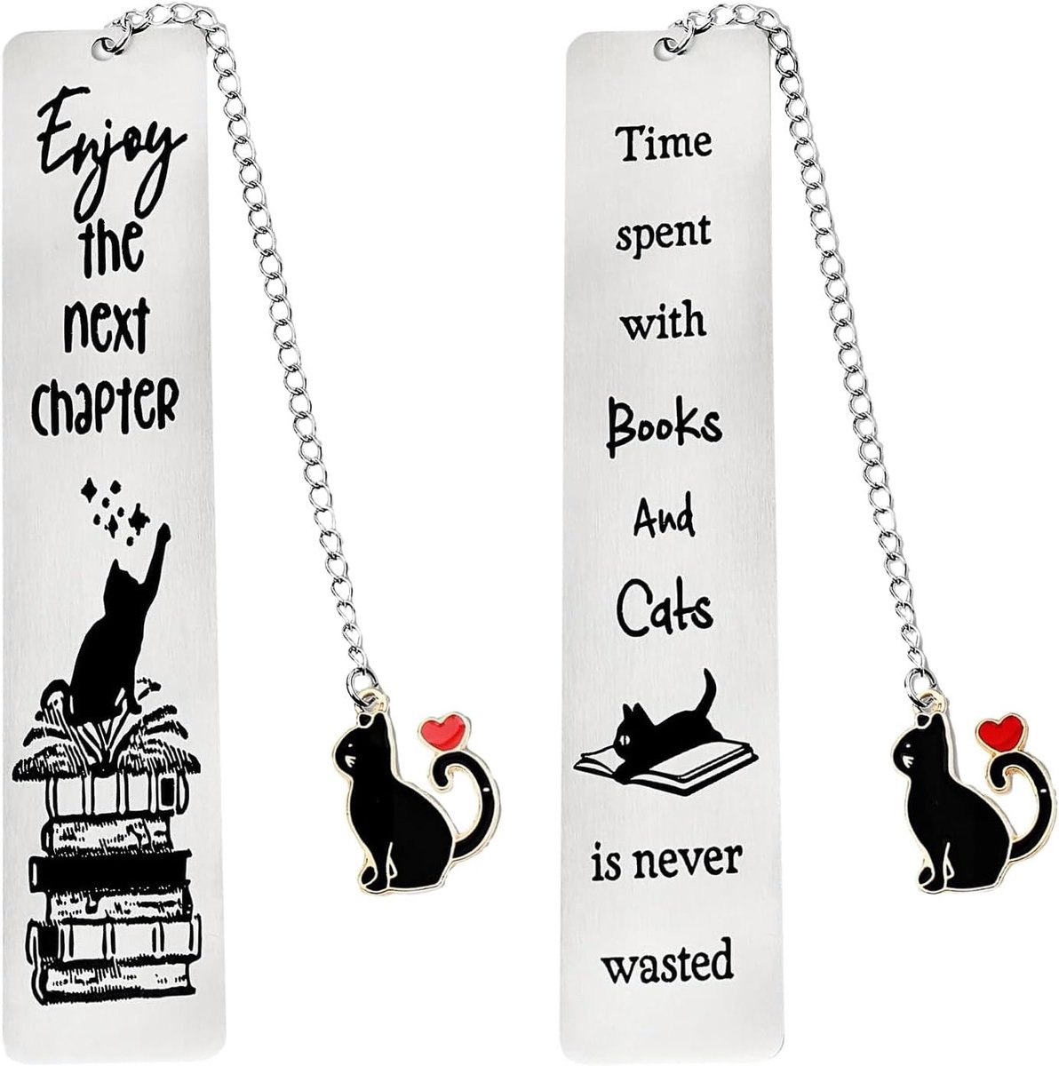 Set van 2 metalen boekenleggers voor boekenliefhebbers, inspirerende boekenaccessoire met kattenhanger, perfect cadeau voor lezers