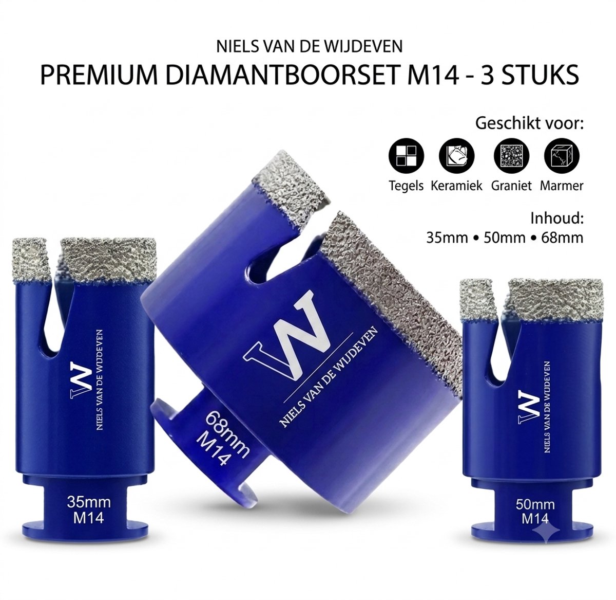 iels van de Wijdeven® Premium Diamantboorset M14 - 3-Delig - 35, 50 & 68 mm - Voor Haakse Slijper - Tegelboren voor Sanitair, Leidingen & Inbouwdozen - Droogboren Keramiek, Porcellanato, Graniet & Marmer
