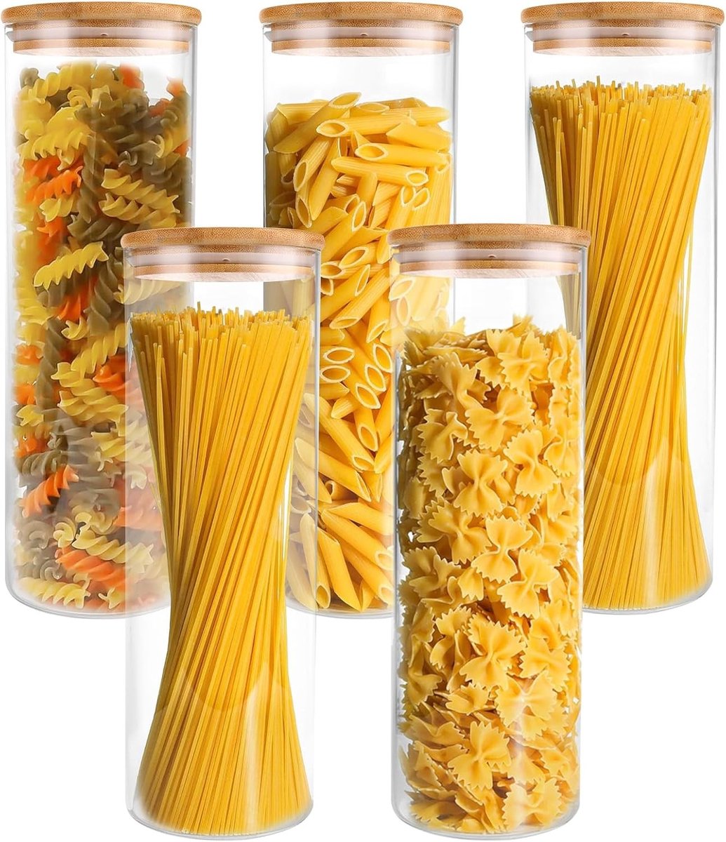 Set van 5 Luchtdichte Glazen Opbergpotten met Deksel, Perfect voor Spaghetti, Pasta en Cerealopslag