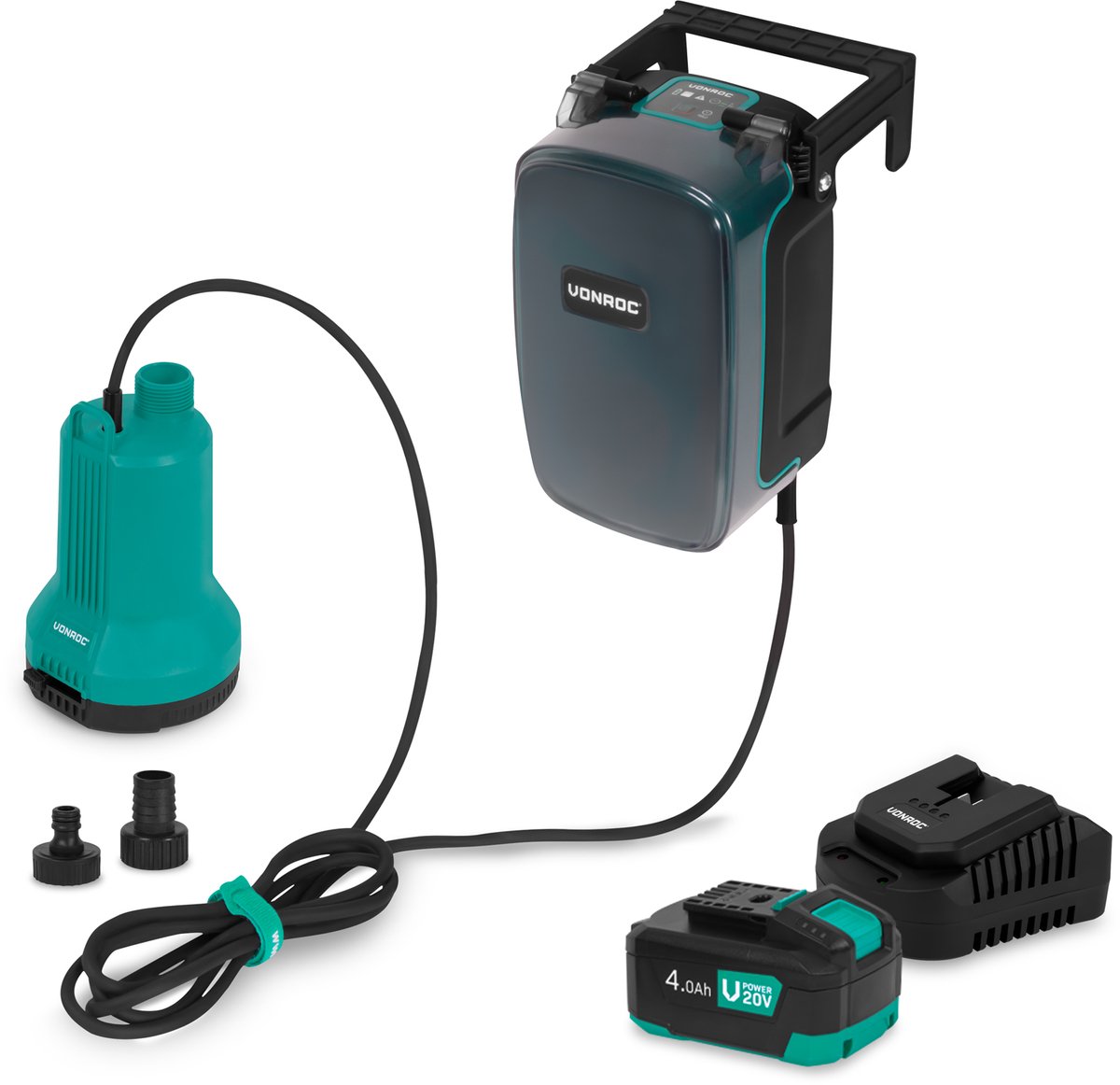VONROC Accu Dompelpomp 20V - 90W – 4.500 l/h, 0,8 bar – vlakzuigend tot 1mm – schoonwater - Incl. 4.0Ah accu en snellader