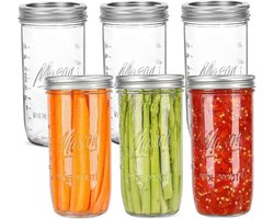 6 Stuks Mason Jars 720ml Gedrukt Glazen Potten met Luchtdicht Deksel en Band voor Conserveren, Jam, Honing en Maaltijdvoorbereiding