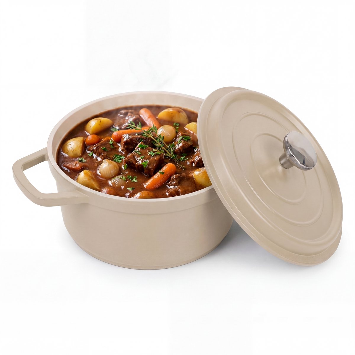 Braadpan Inductie 24 cm - 5.2 Liter - Met Deksel - Lichtgewicht PFAS Vrije Pan - Aluminium - Voor Alle Warmtebronnen incl. Oven - Kookpan - Stoofpan - Soeppan - Beige - Lowenthal