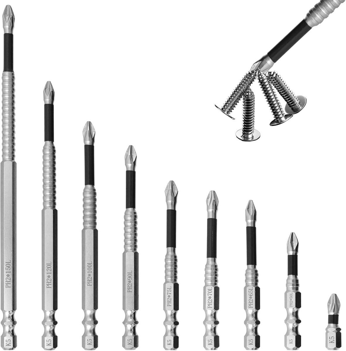 Magnetisch Schroevendraaier Bit Set van 9 Stuks, Universele Phillips Hoofd, 25mm-150mm, Antislip, Geschikt voor Elektrische Schroevendraaiers