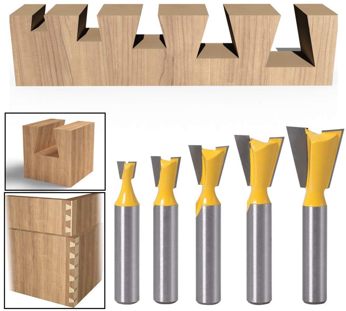 5-delige Dovetail Freesbitset met 8mm Shank voor Precisiewerk, Houtbewerking en Meubelconstructie