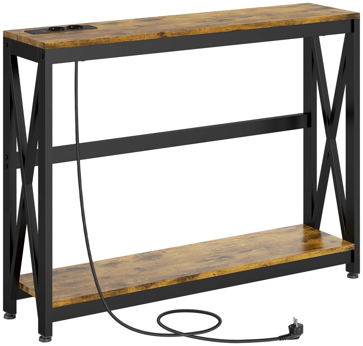 DeltaMerch Sidetable - Console tafel - Wandtafel - Incl. Laadstation - Tot 60KG - 100 x 24 x 75 CM - Rustiek Bruin met Zwart