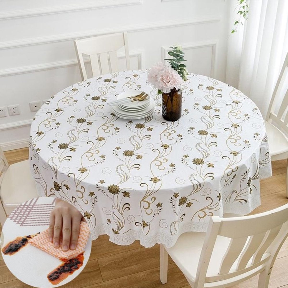 Rond wasbaar tafelkleed – 150cm - Waterdicht rond tafelkleed van PVC-vinyl – Rond plastic tafelkleed – Ronde tafelbeschermer – Ideaal voor de inrichting van keuken en eetkamer – Olie- en vlekbestendig