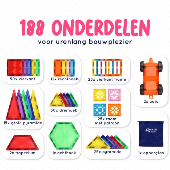 188 magnetische bouwstenen, waaronder vierkanten, rechthoeken, driehoeken, auto's en opbergtas.